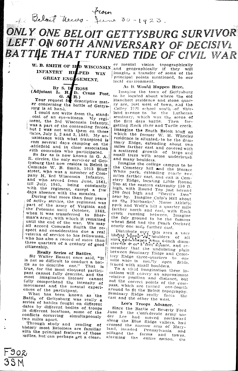  Source: Beloit News Topics: Civil War Date: 1923-06-30