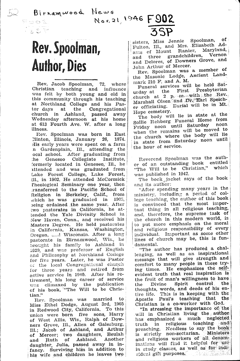 Rev. Spoolman, author, dies | Newspaper Article/Clipping | Wisconsin ...