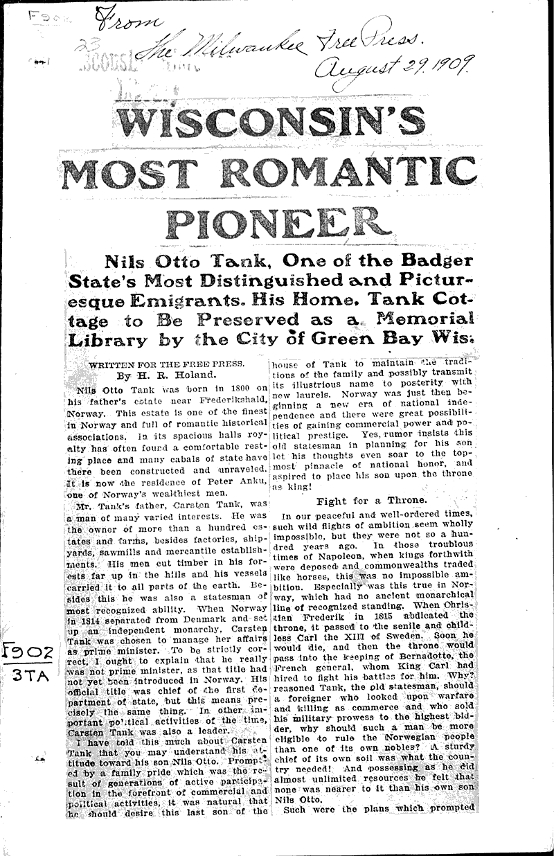 Wisconsin's most romantic pioneer Newspaper Article/Clipping