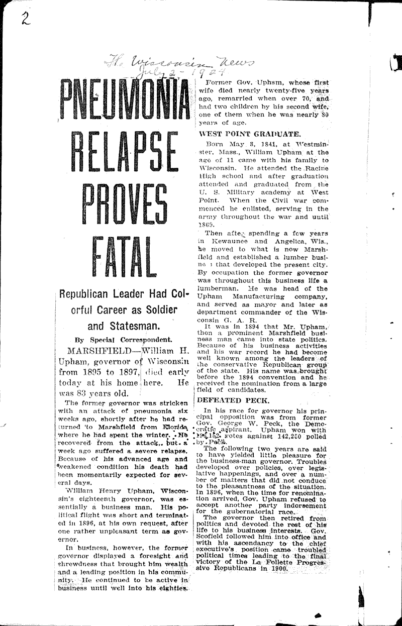  Source: Wisconsin News Topics: Government and Politics Date: 1924-07-02