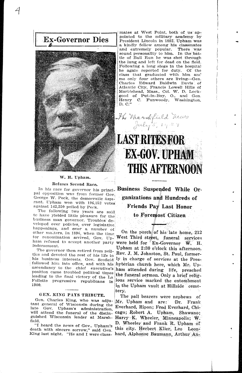 Funeral Saturday for ex-Gov. Upham Source: Milwaukee Sentinel Topics: Government and Politics Date: 1924-07-03