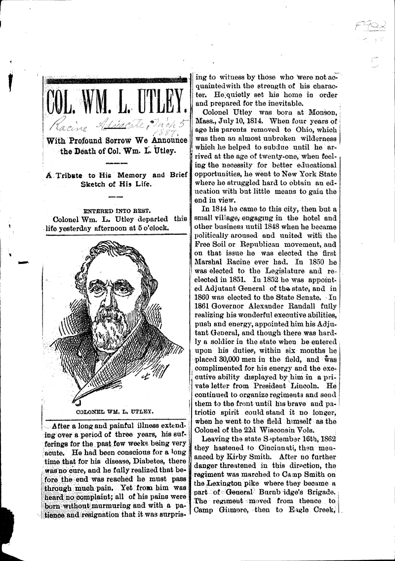 Biographical sketches of col. wm. l. utley Newspaper Article/Clipping