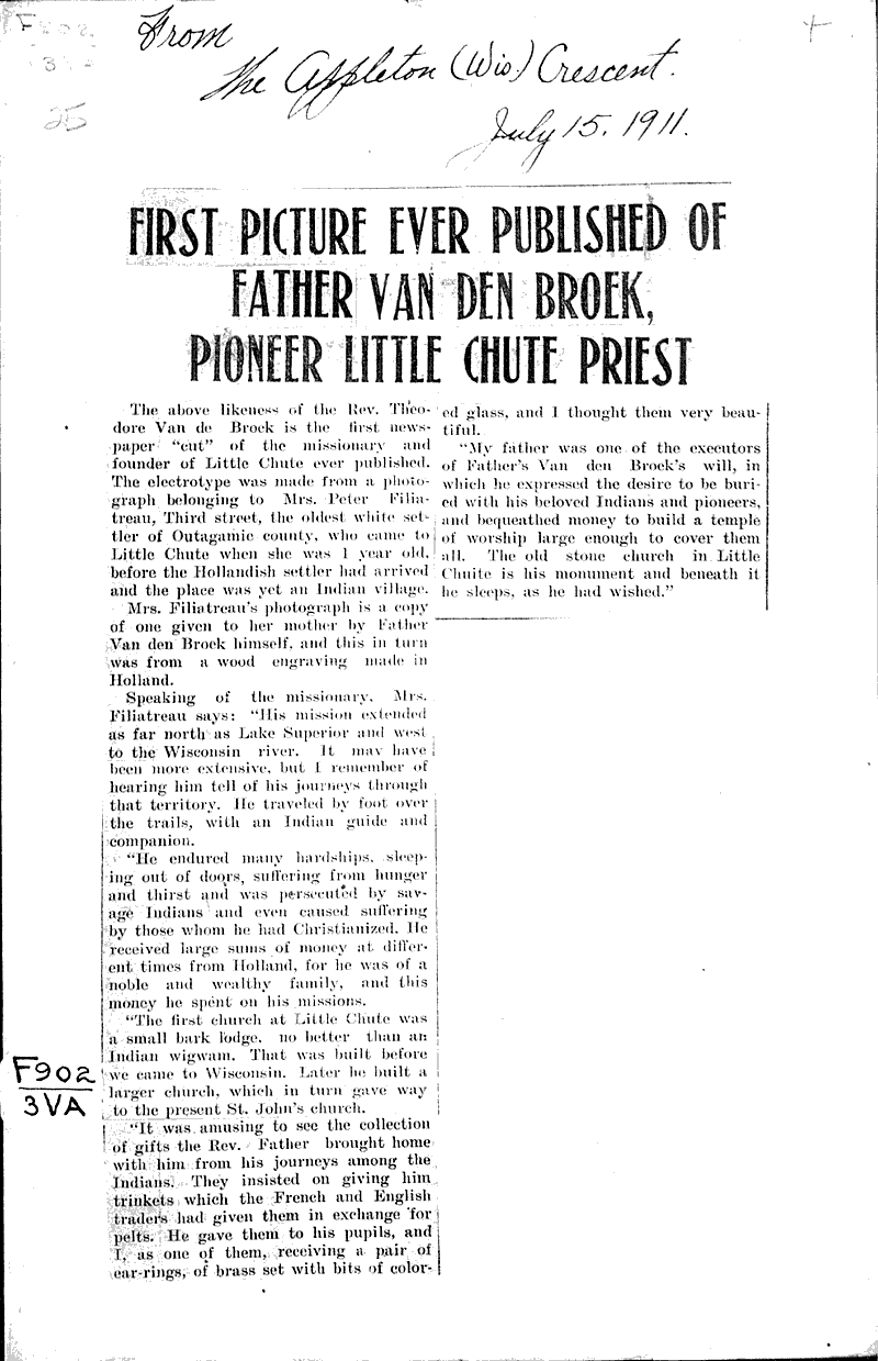 First picture ever published of Father Van Den Broek, pioneer Little Chute priest Newspaper