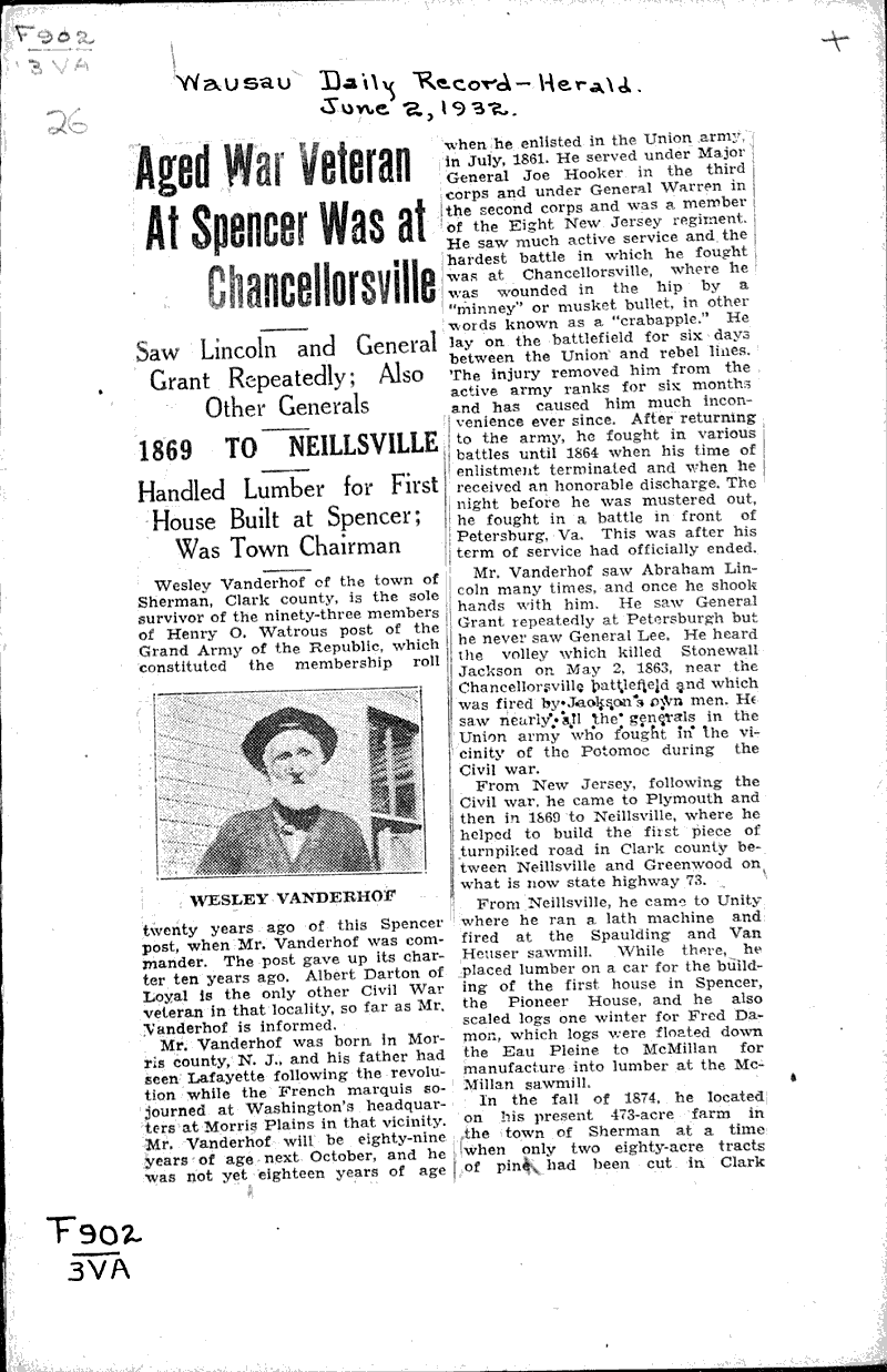 Aged war veteran at spencer was at chancellorsville Newspaper Article