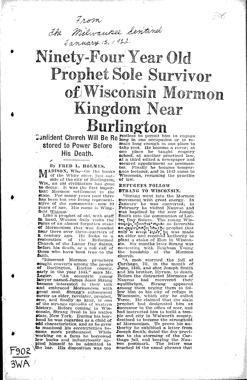  Source: Milwaukee Sentinel Topics: Church History Date: 1922-01-15