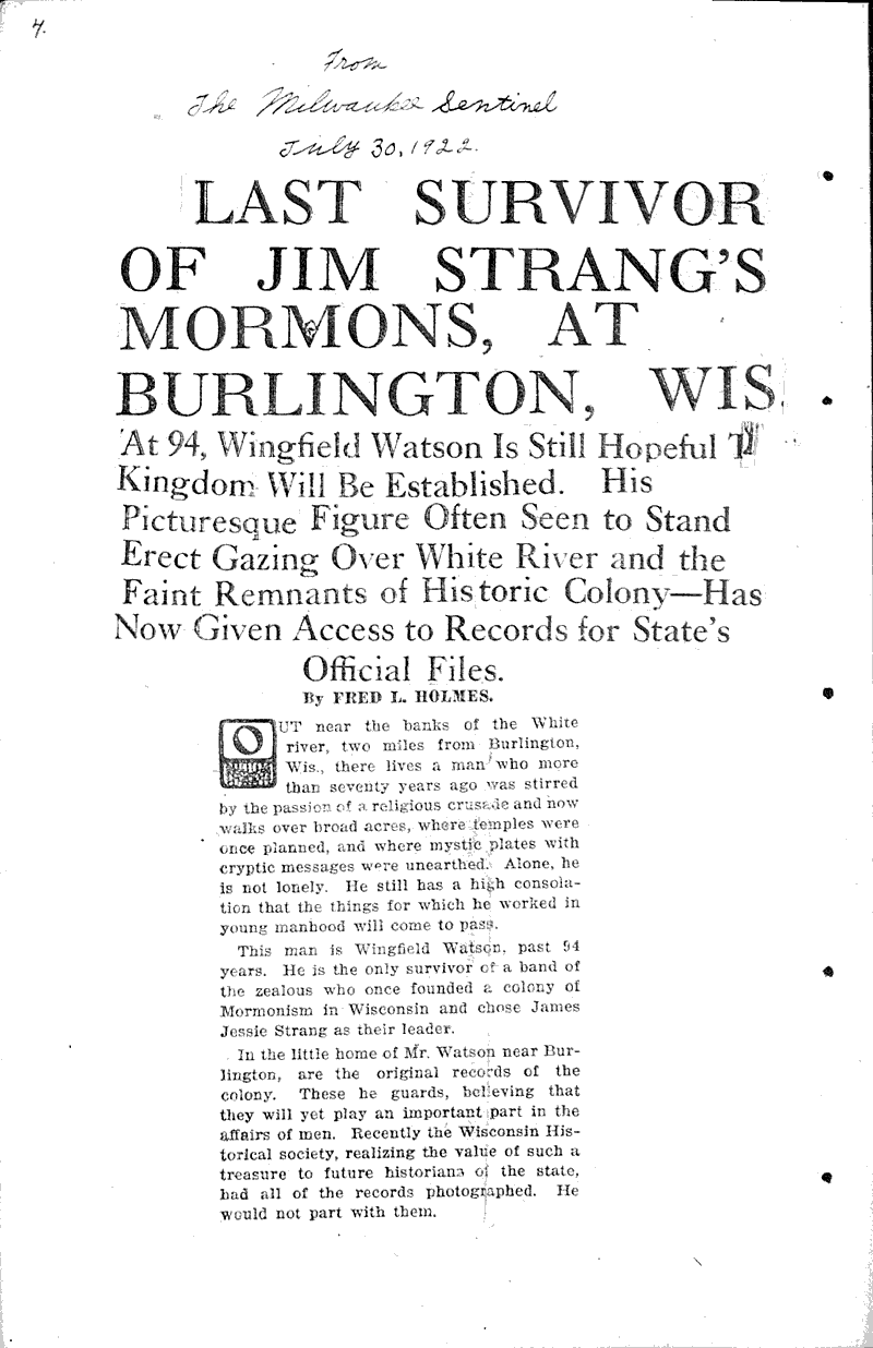  Source: Milwaukee Sentinel Topics: Church History Date: 1922-01-15