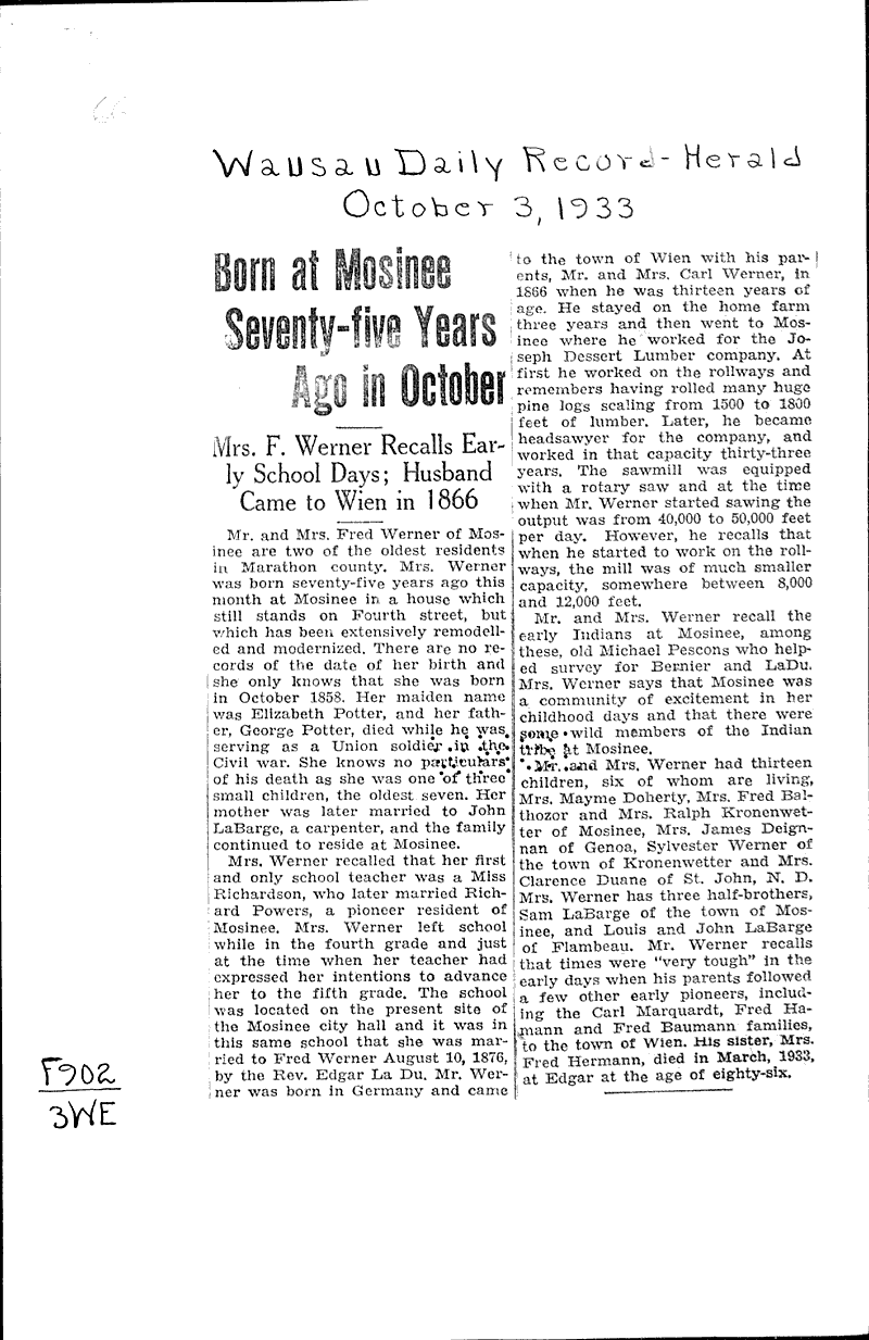 Born at mosinee seventyfive years ago in october Newspaper Article