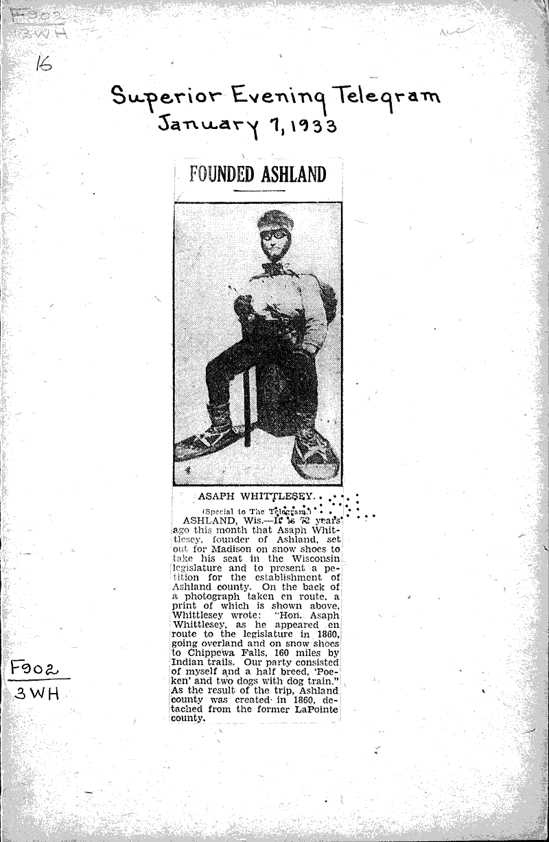 Founded Ashland Newspaper Article/Clipping Wisconsin Historical Society