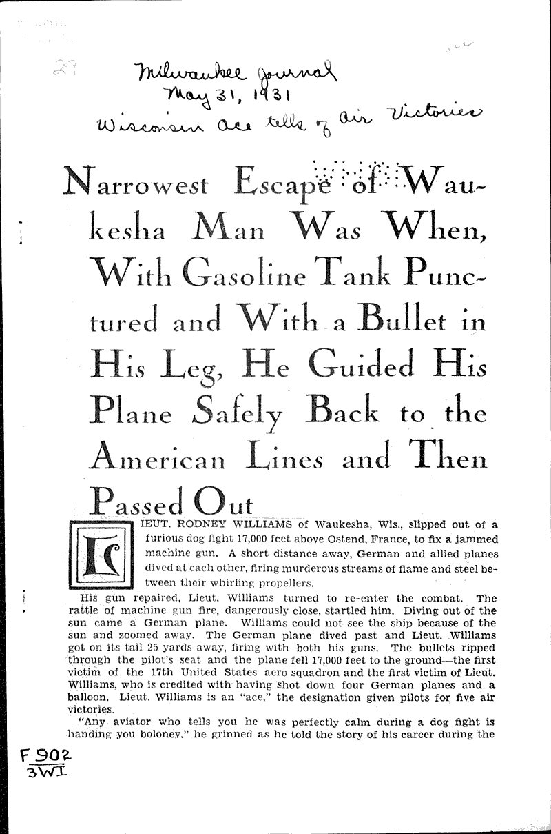 Wisconsin ace tells of air victories Source: Milwaukee Journal Topics: Wars Date: 1931-05-31