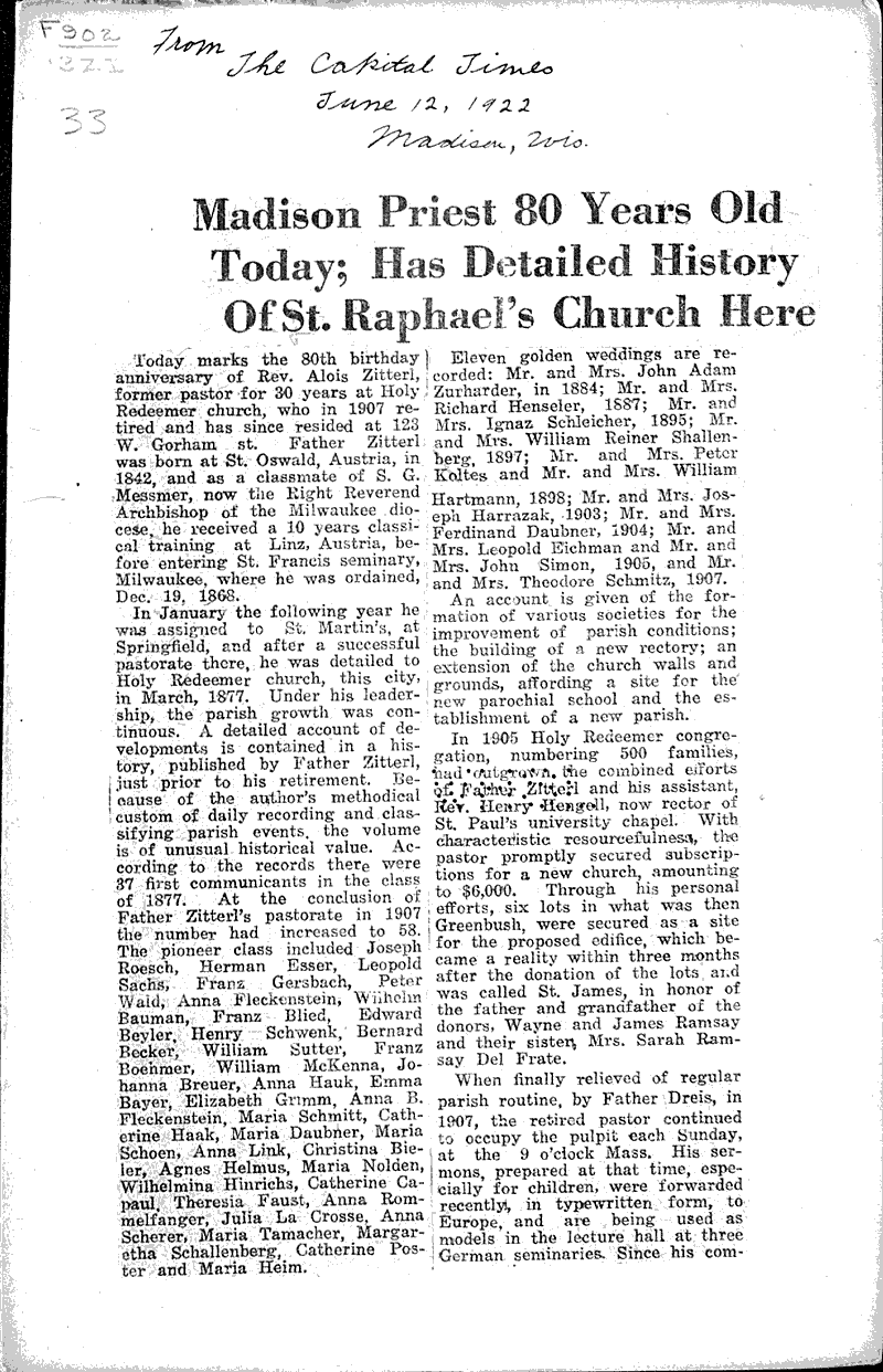 Source: Capital Times Topics: Church History Date: 1922-06-12