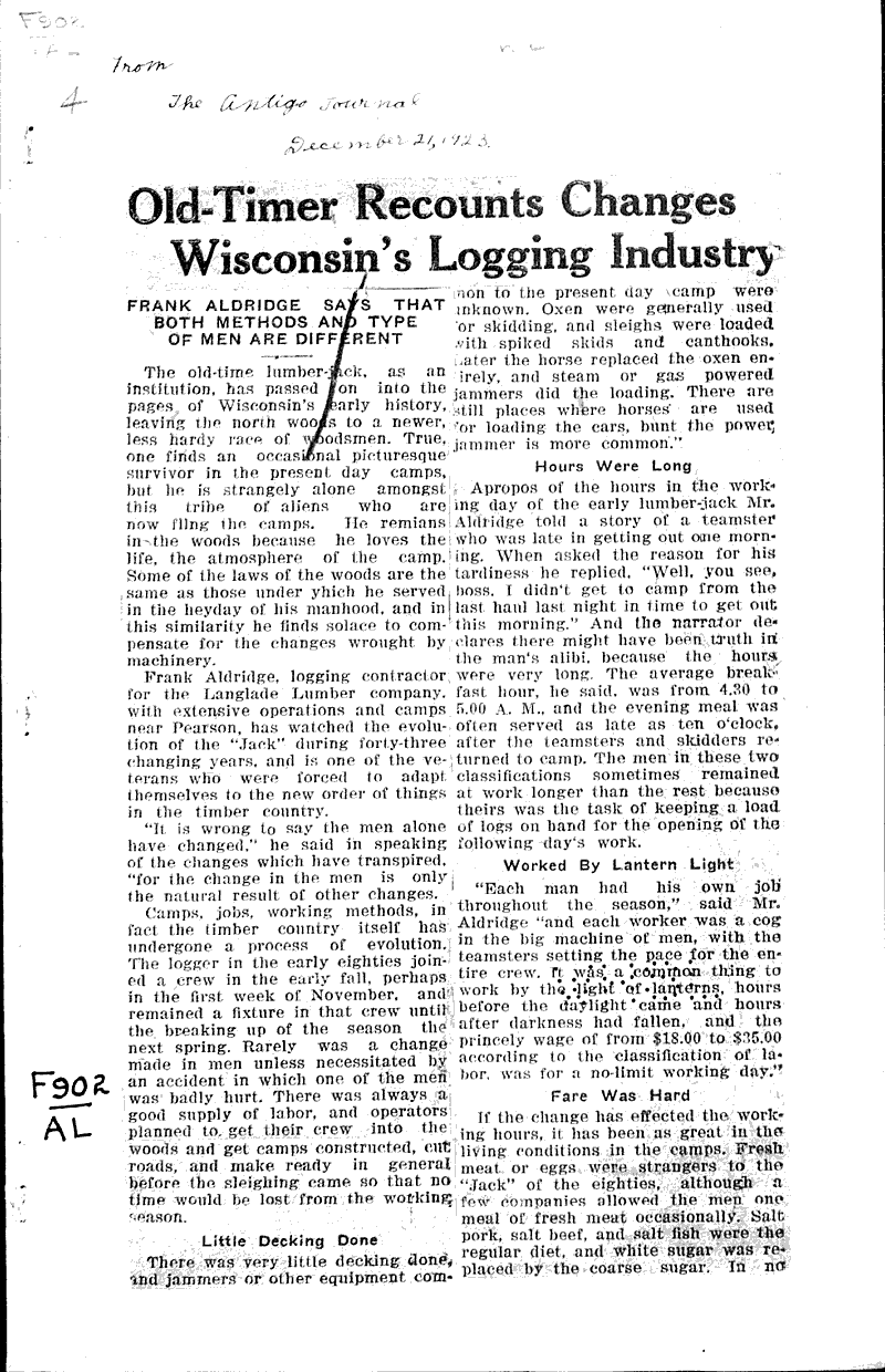 Oldtimer recounts changes in Wisconsin's logging industry Newspaper