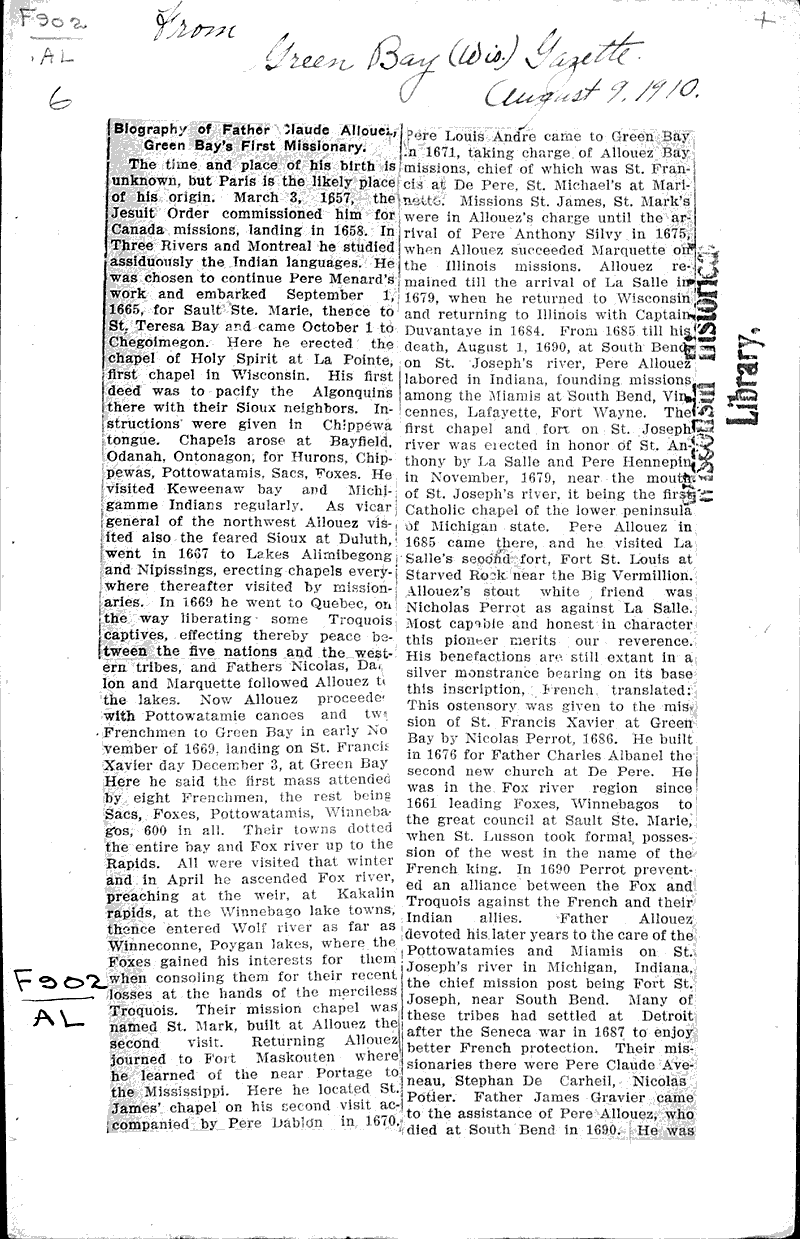  Source: Green Bay Gazette Topics: Church History Date: 1910-08-09