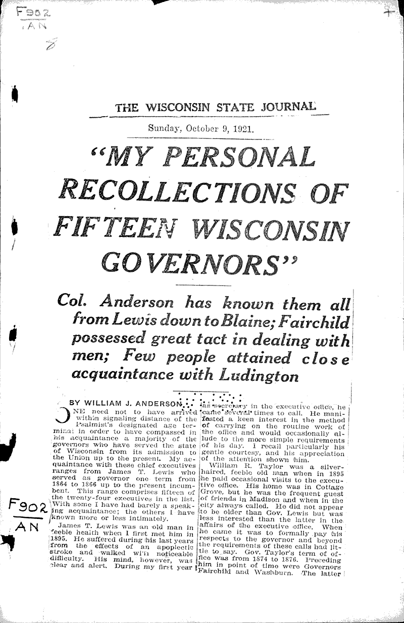  Source: Wisconsin State Journal Topics: Government and Politics Date: 1921-10-09
