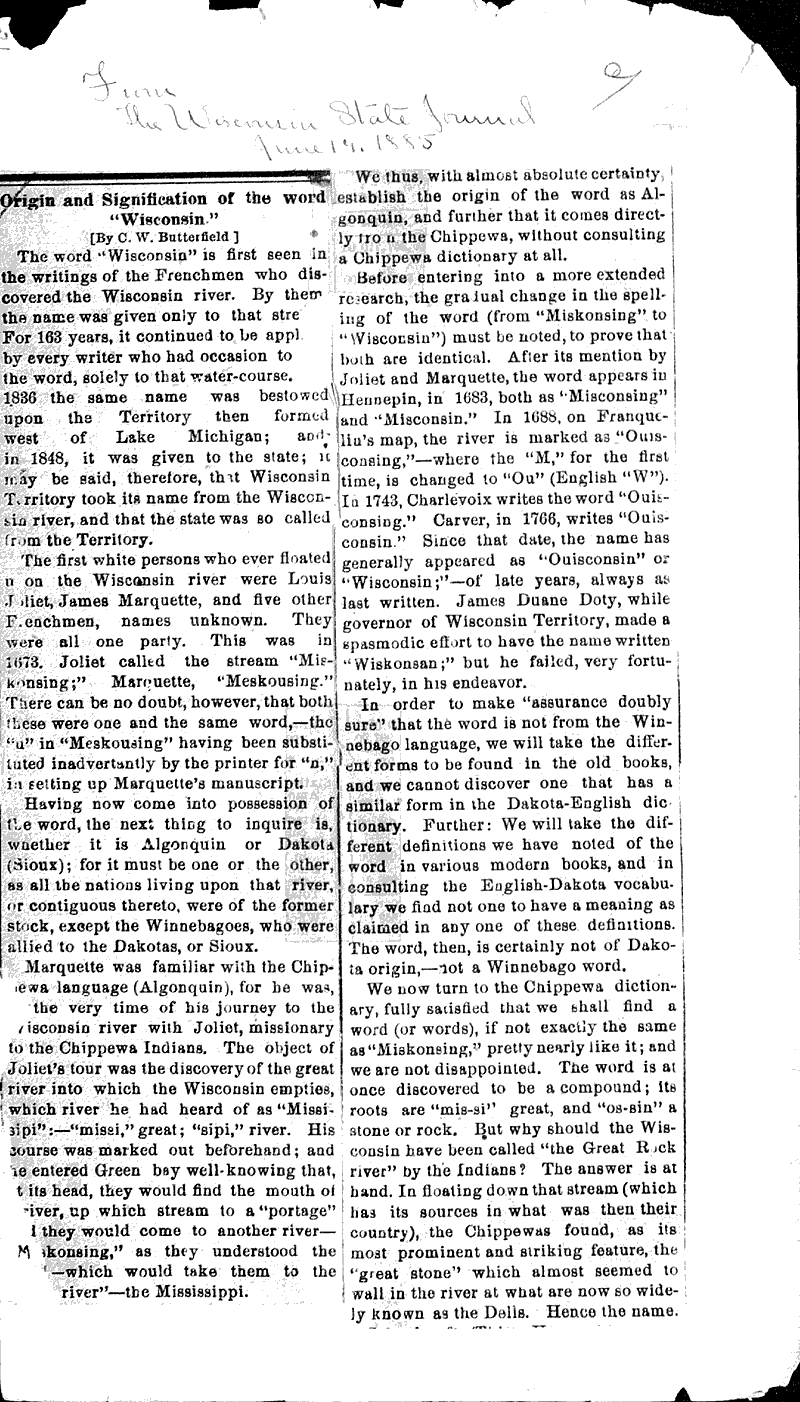 Origin and signification of the word wisconsin Source: Wisconsin State Register Date: 1885-06-14