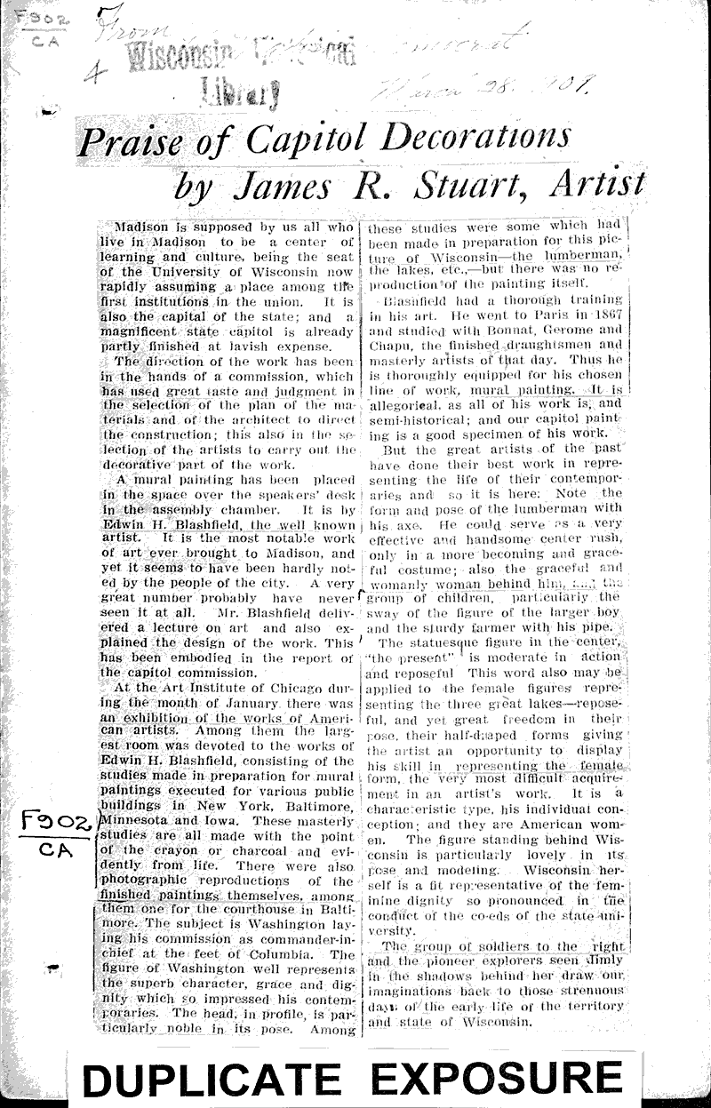 Praise of Capitol decorations by James R. Stuart, artist Newspaper