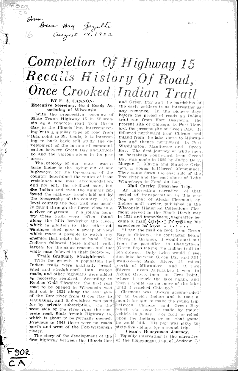  Source: Green Bay Gazette Topics: Transportation Date: 1922-08-14