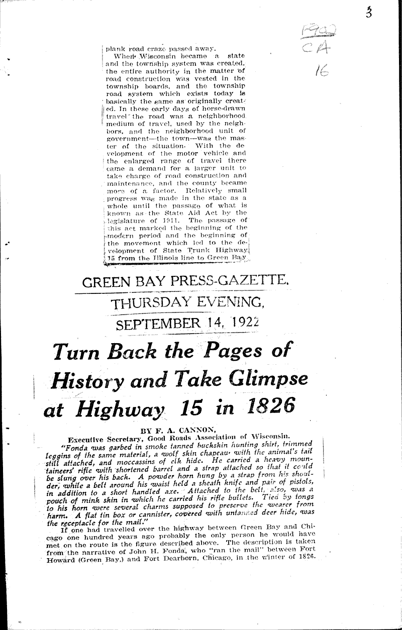  Source: Green Bay Gazette Topics: Transportation Date: 1922-08-14