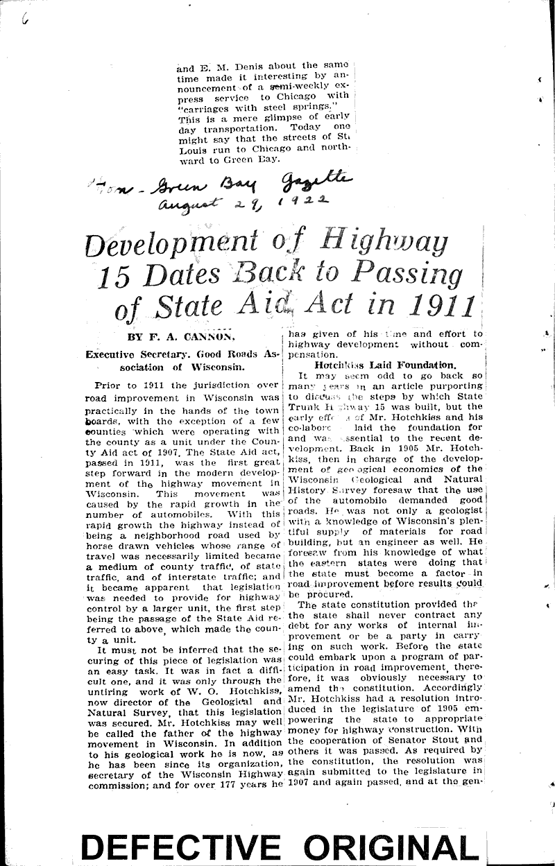  Source: Green Bay Gazette Topics: Transportation Date: 1922-08-14
