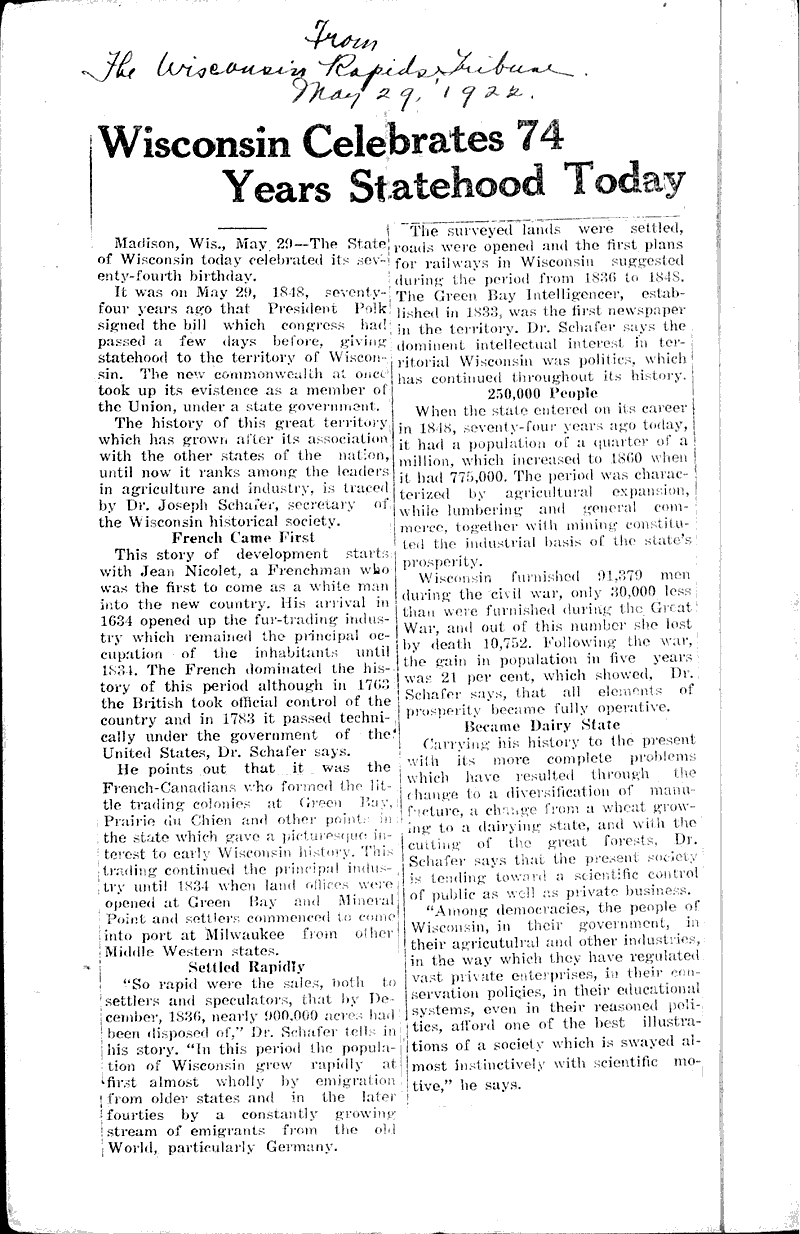  Source: Wisconsin Rapids Tribune Date: 1922-05-29