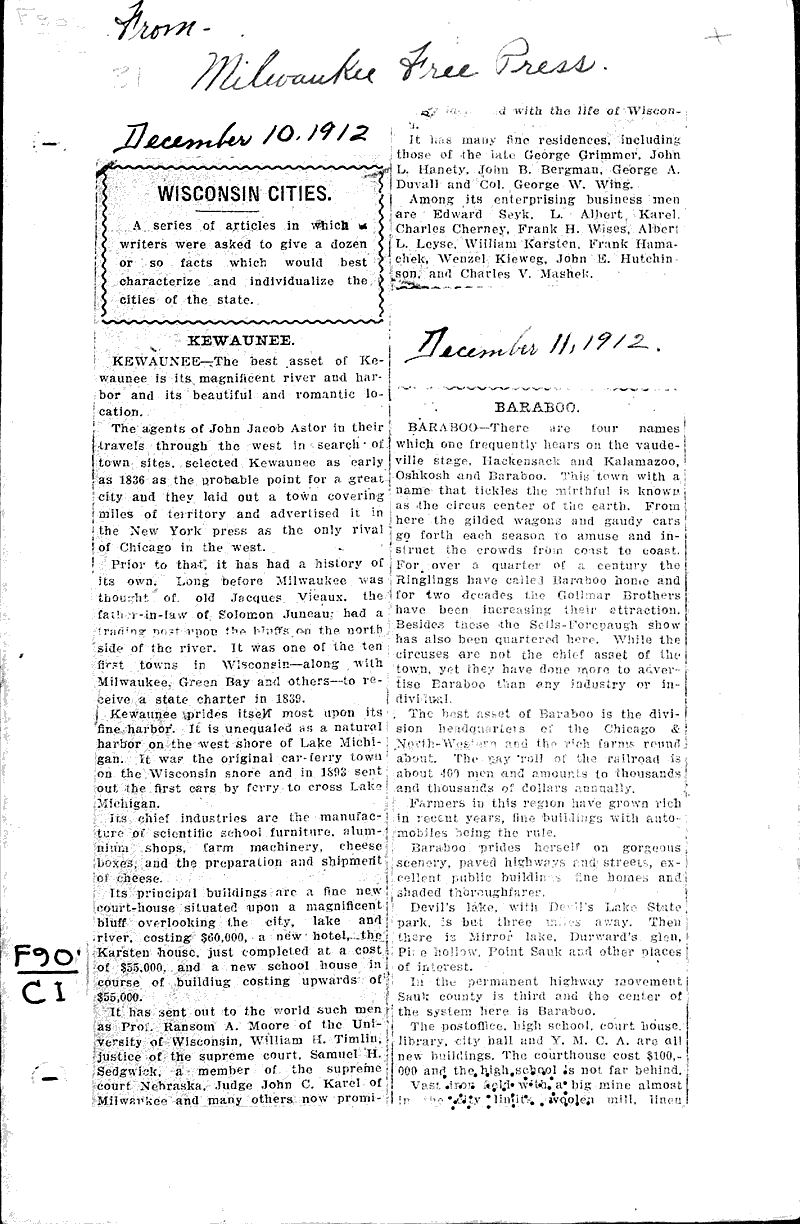 Wisconsin cities Newspaper Article/Clipping Wisconsin Historical