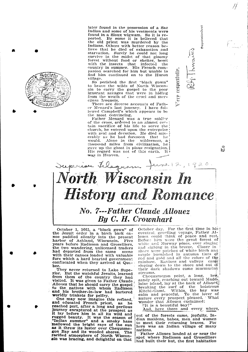  Source: Superior Telegram Topics: Church History Date: 1920-06-05