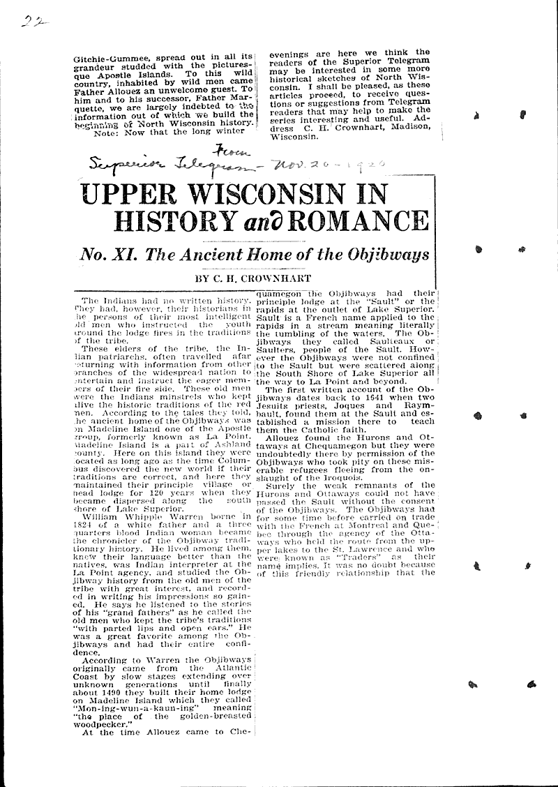  Source: Superior Telegram Topics: Indians and Native Peoples Date: 1920-11-26