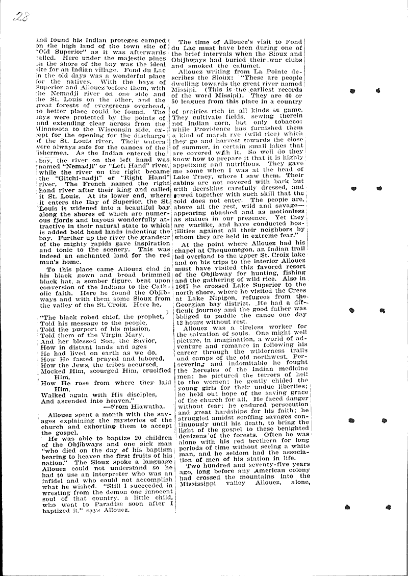 Upper Wisconsin in history and romance - no. XIV. The first white man at the present site of the city of Superior. Topics: Indians and Native Peoples Date: 1920-12-18