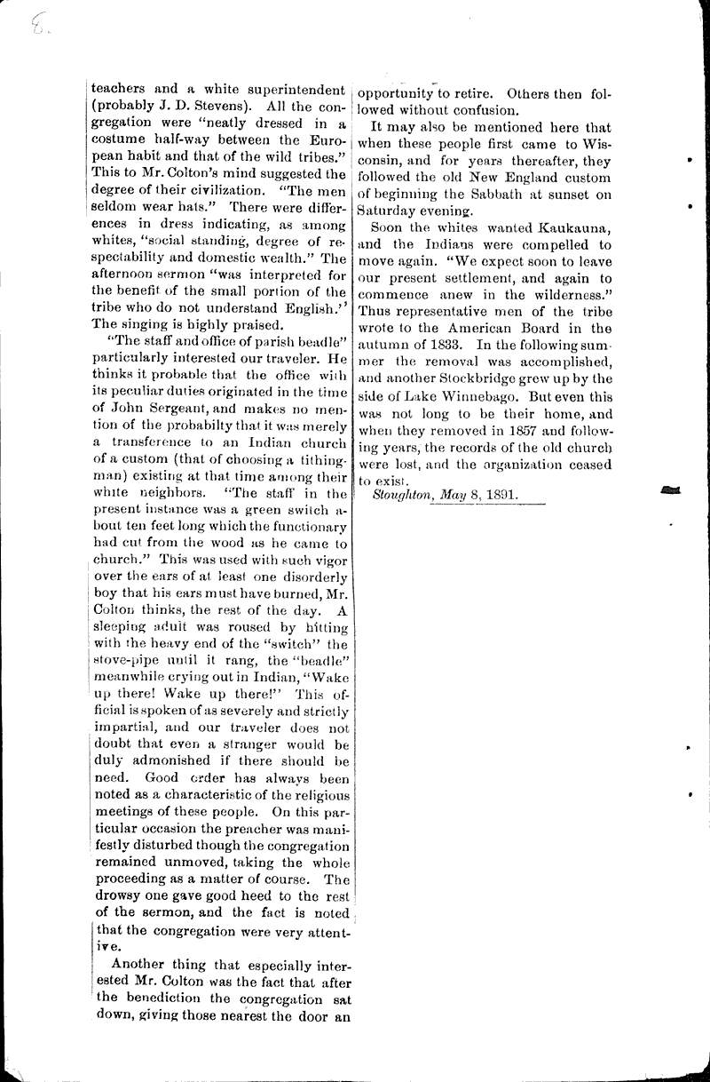 The Stockbridge Indian Church Newspaper Article/Clipping Wisconsin