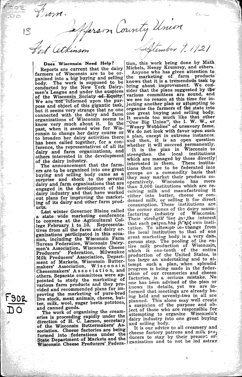 Does Wisconsin need help Newspaper Article/Clipping Wisconsin