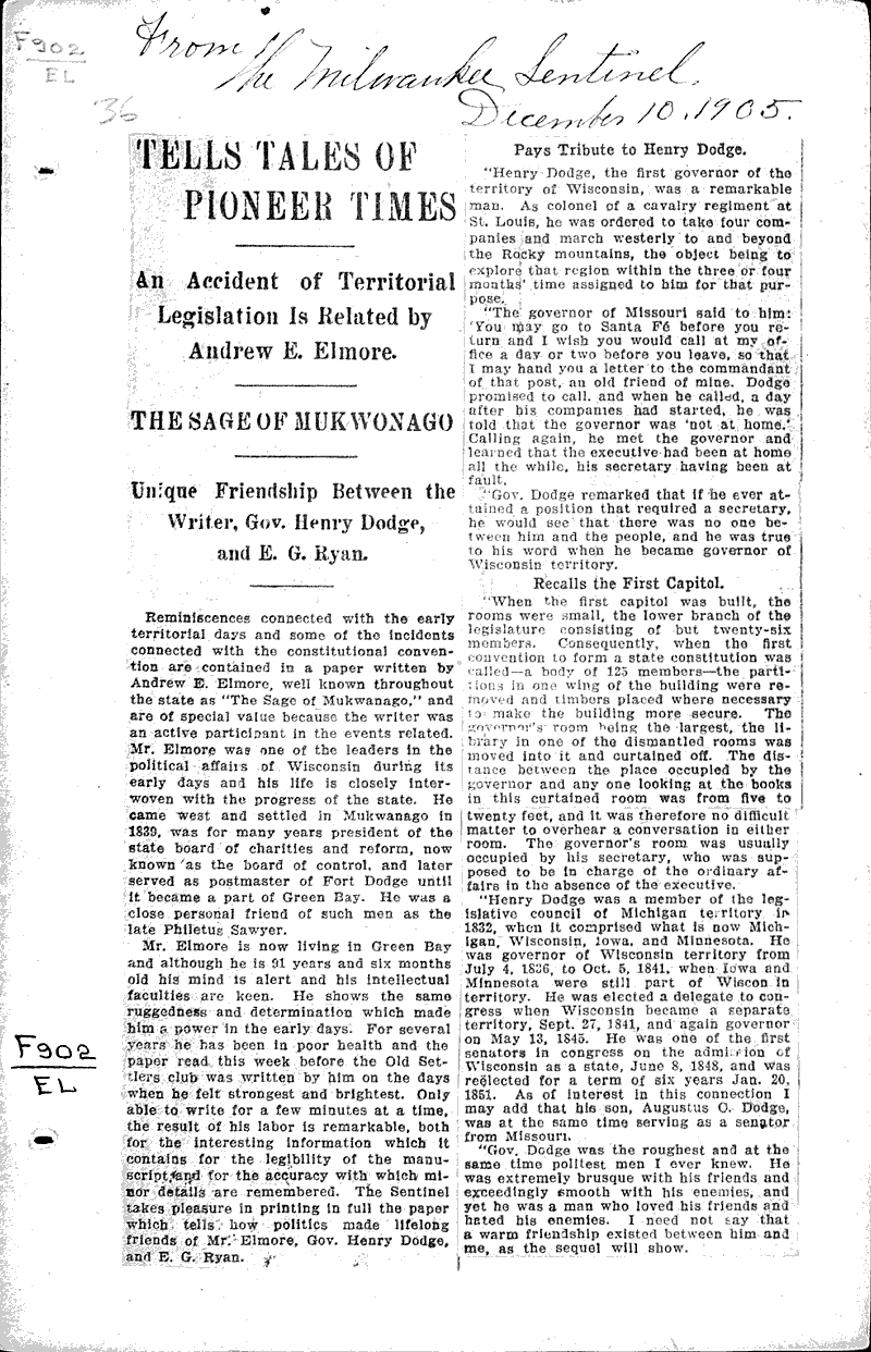 Tells tales of pioneer times Newspaper Article/Clipping Wisconsin