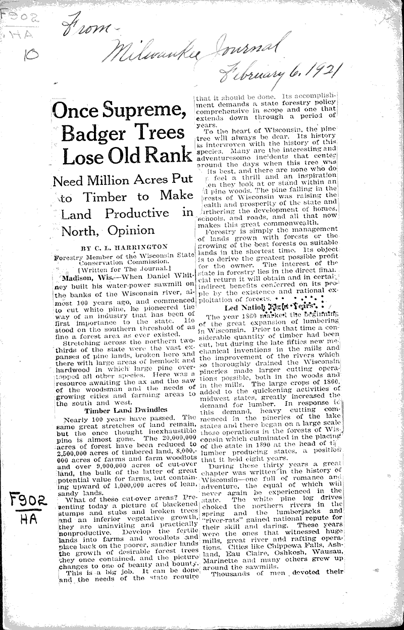 Once supreme, badger trees lose old rank Source: Milwaukee Journal Topics: Industry Date: 1921-02-06