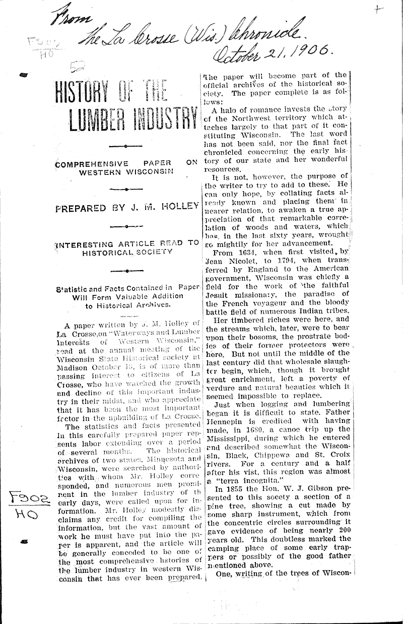  Source: La Crosse Chronicle Topics: Industry Date: 1906-10-21