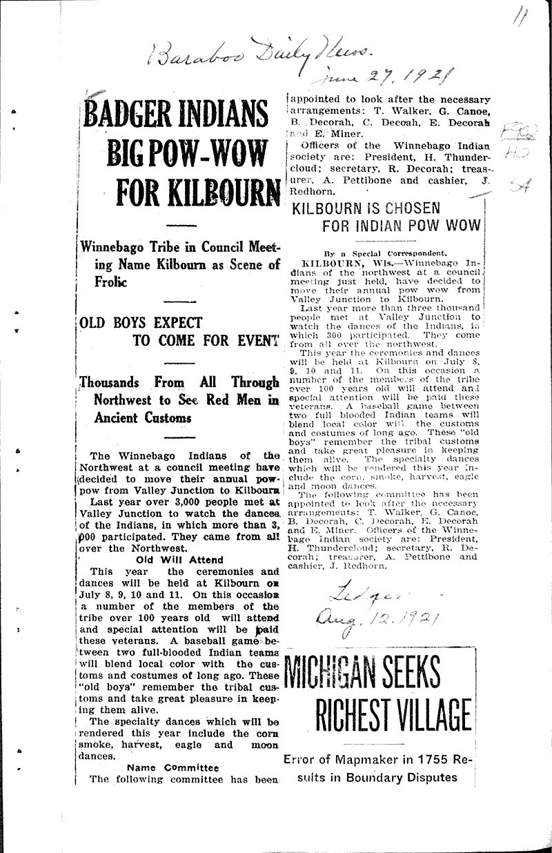  Source: Baraboo Daily News Topics: Indians and Native Peoples Date: 1921-06-27