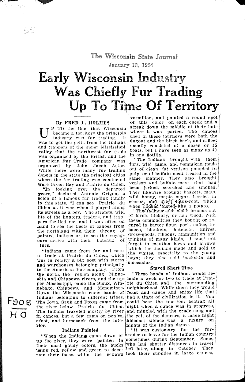 Early Wisconsin industry was chiefly fur trading up to time of territory Topics: Industry Date: 1924-01-13