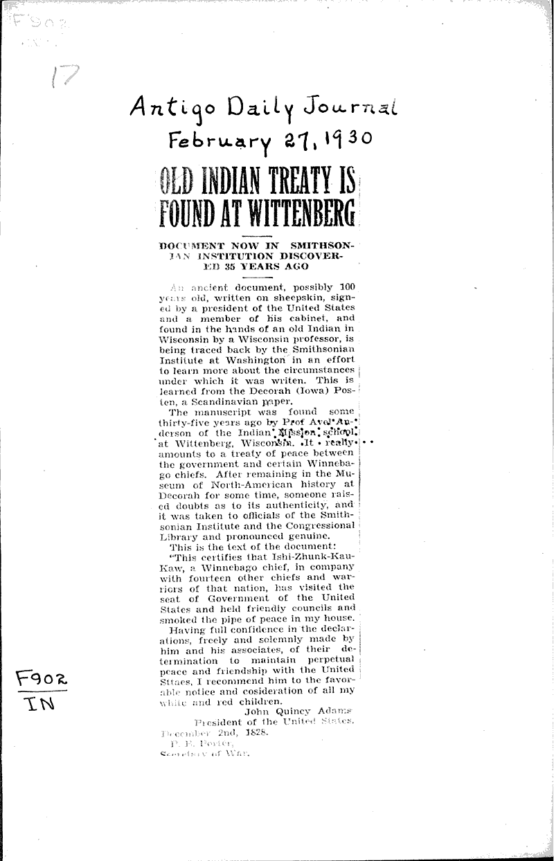 Old Indian treaty is found at Wittenberg Newspaper Article/Clipping