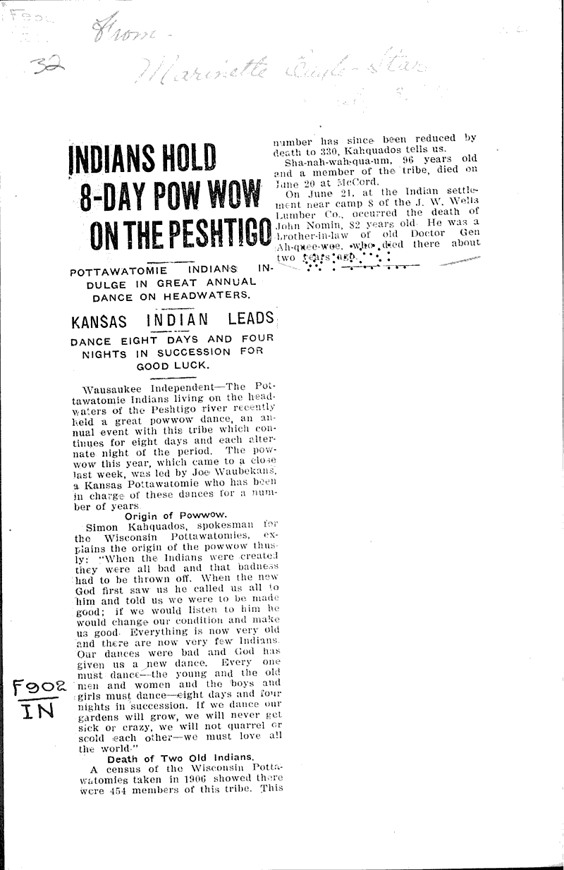 Indians hold 8day pow wow on the Peshtigo Newspaper Article/Clipping