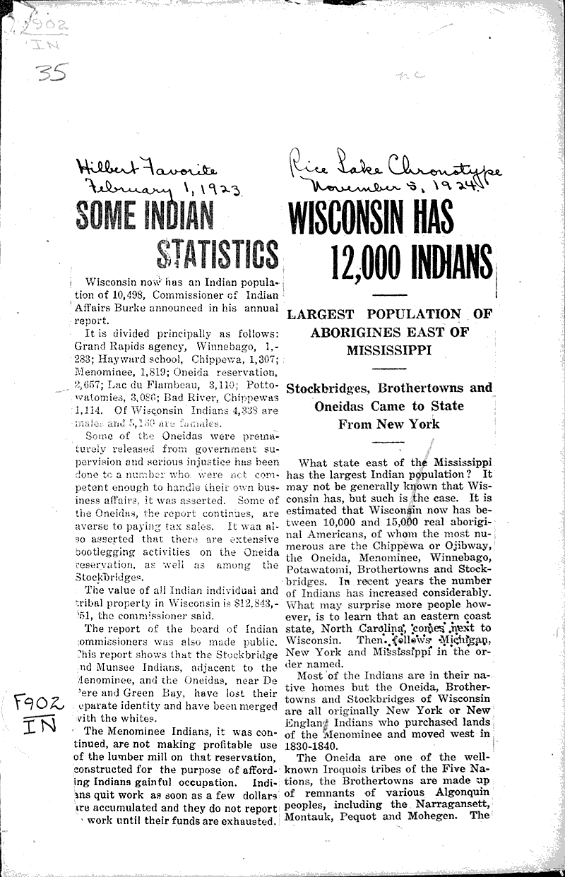  Source: Hilbert Favorite Topics: Indians and Native Peoples Date: 1923-02-01