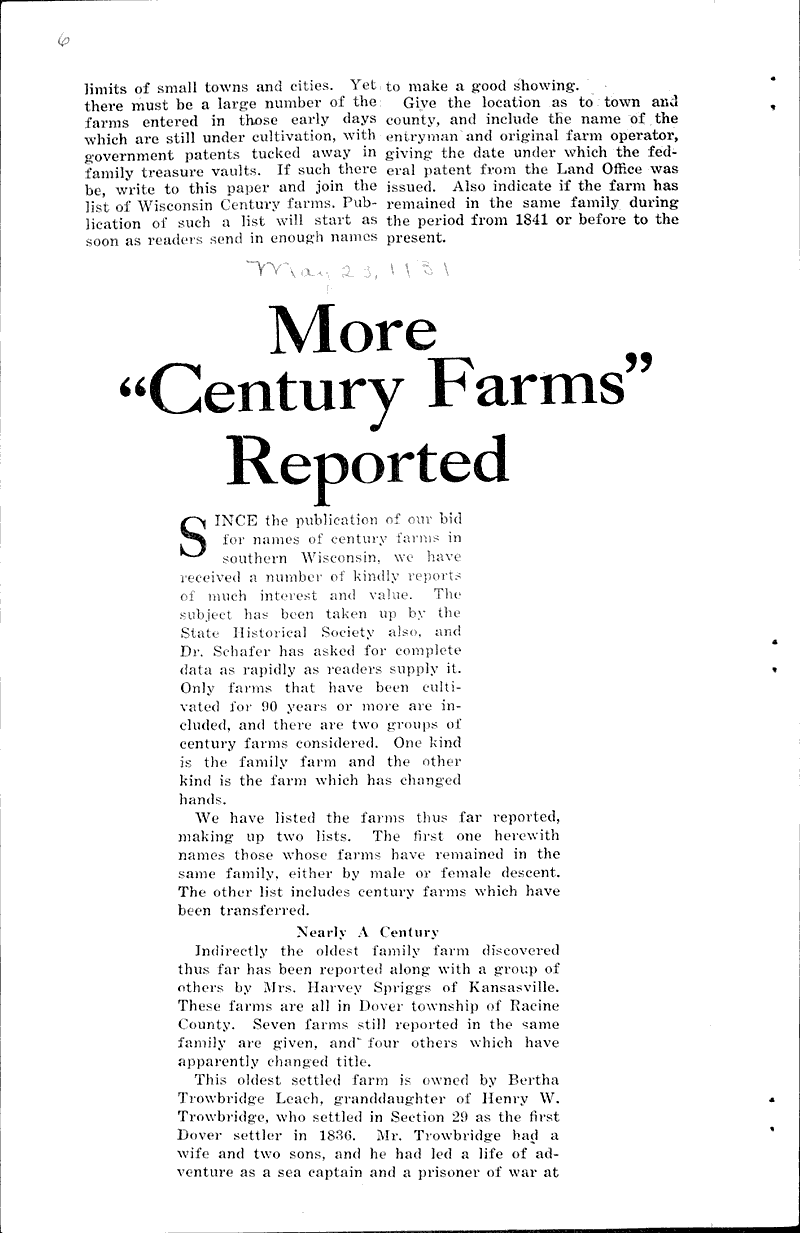  Source: Wisconsin Agriculturist and Farmer Topics: Agriculture Date: 1931-05-23