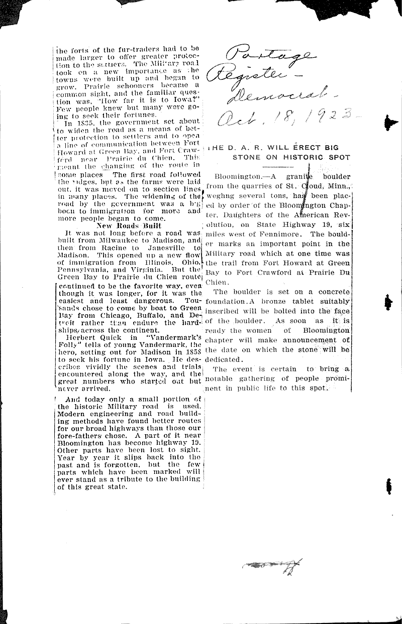 Historians back plan to mark old military road, state's first white route Source: Wisconsin State Journal Topics: Transportation Date: 1924-09-02