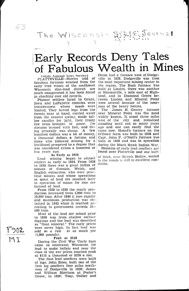 Early records deny tales of fabulous wealth in mines Newspaper