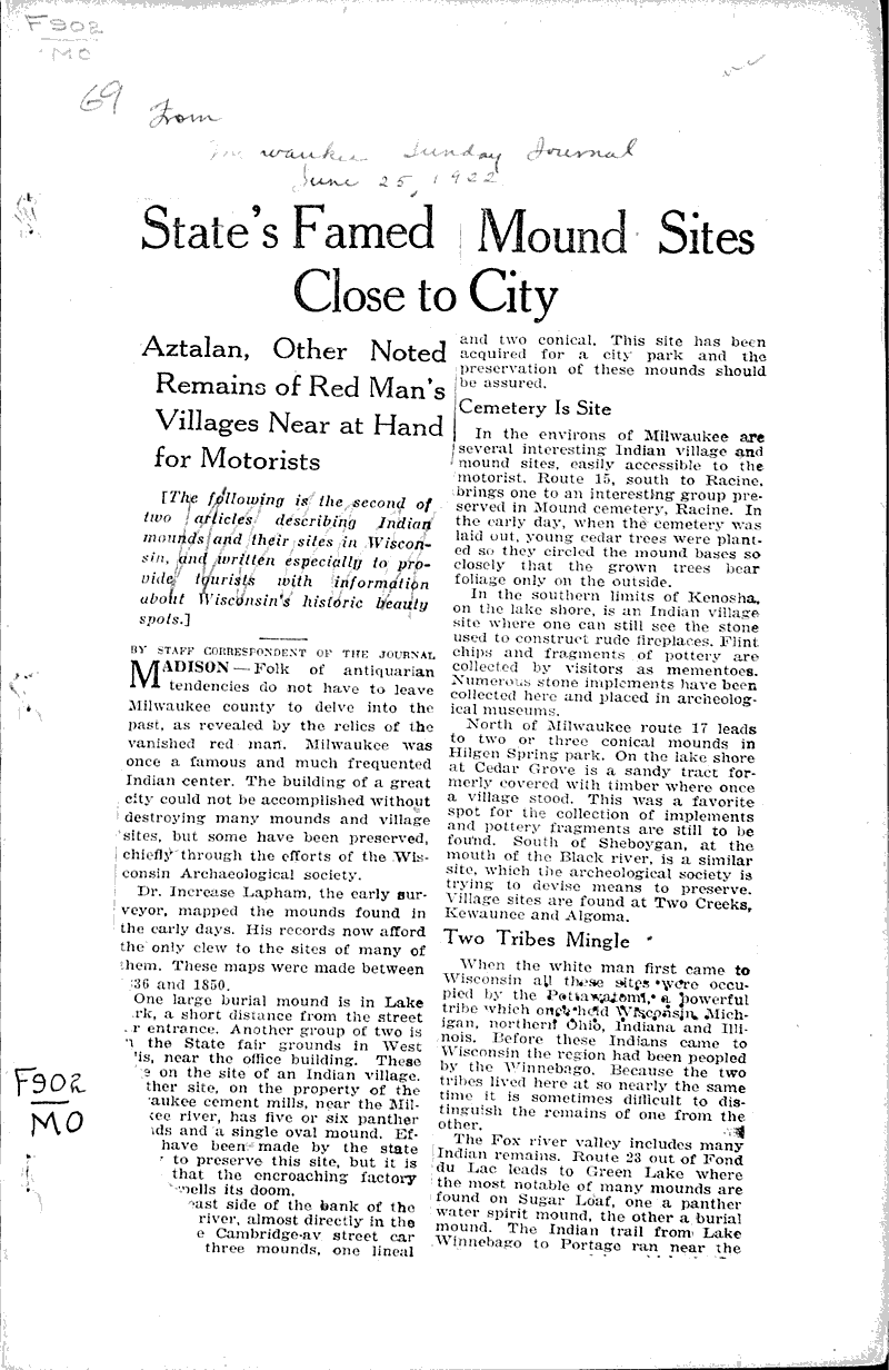 State's famed mound sites close to city Newspaper Article/Clipping