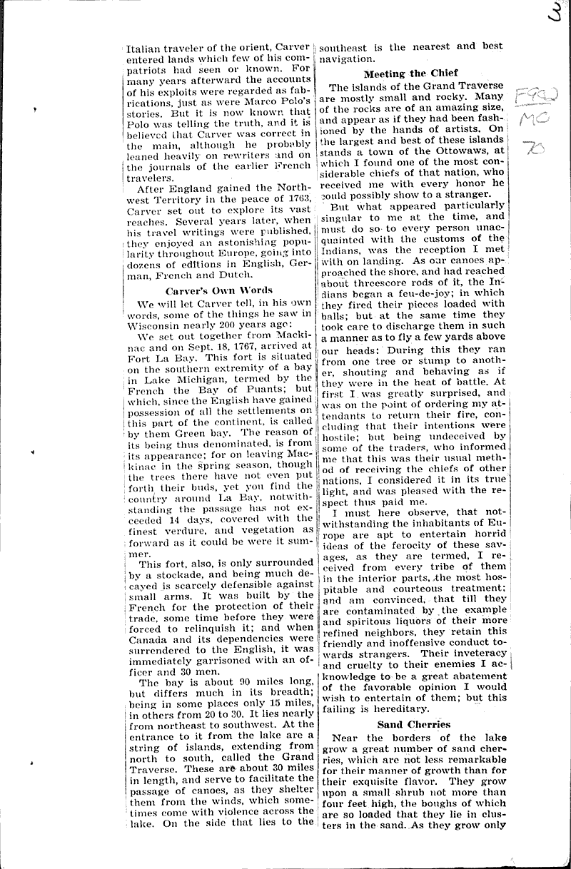 Fertile Wisconsin described by explorer Carver 200 years ago Newspaper Article/Clipping