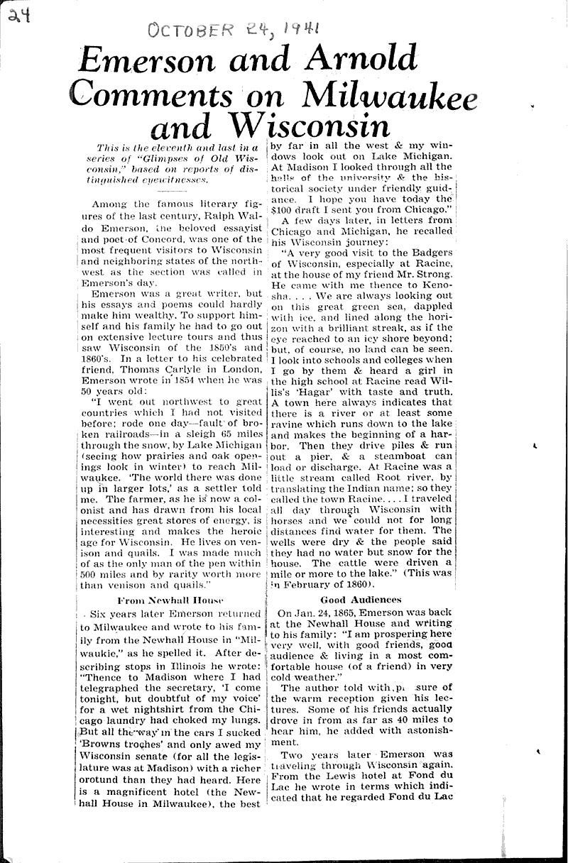 Emerson and Arnold comments on Milwaukee and Wisconsin Newspaper
