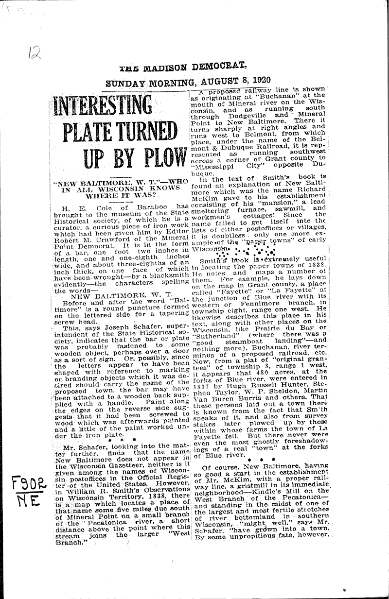 Interesting plate turned up by plow Newspaper Article/Clipping