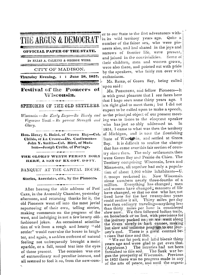Festival of the pioneers of Wisconsin Source: Argus & Democrat Date: 1857-06-18