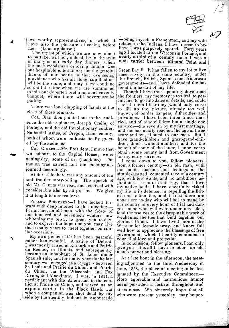 Festival of the pioneers of Wisconsin Source: Argus & Democrat Date: 1857-06-18
