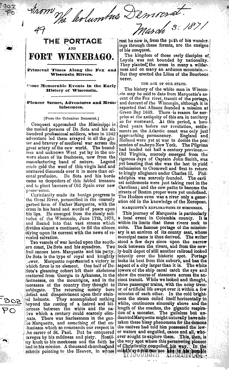 The portage and Fort Winnebago Newspaper Article/Clipping Wisconsin