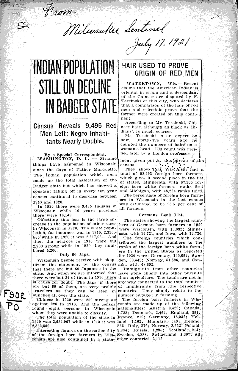  Source: Milwaukee Sentinel Topics: Indians and Native Peoples Date: 1921-07-17