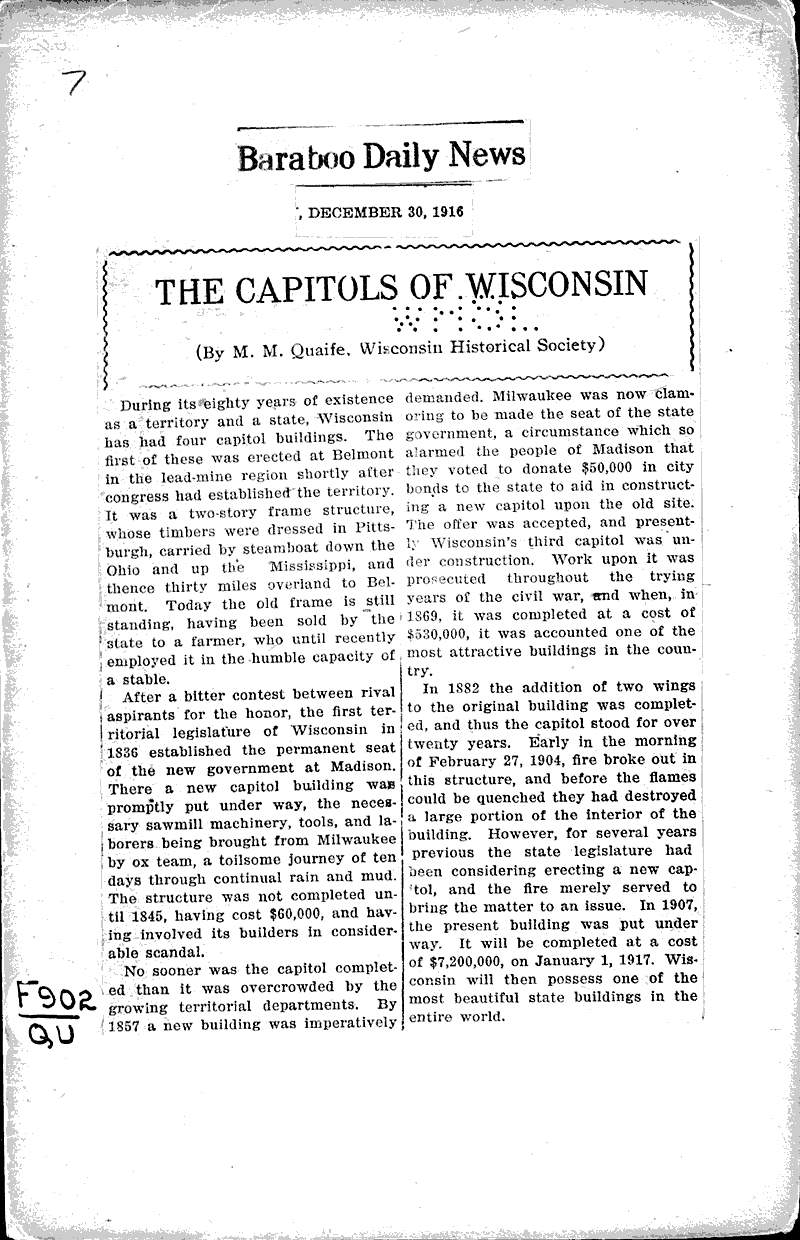 The capitols of Wisconsin Newspaper Article/Clipping Wisconsin