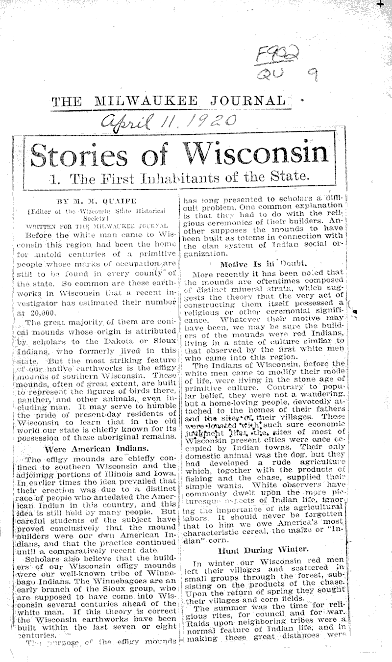 Stories of Wisconsin The first inhabitants of the state Newspaper